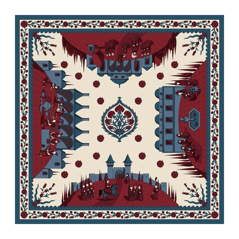 Müzedenal - ELCIELA İPEK FULAR TOPKAPI'DA YAŞAM 90X90 (BORDO/MAVI)