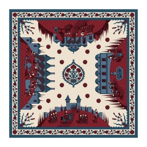 ELCIELA İPEK FULAR TOPKAPI'DA YAŞAM 90X90 (BORDO/MAVI) - Thumbnail